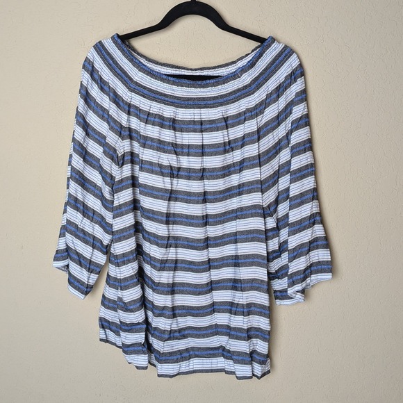 J. Jill Plus Size 2X Striped Linen Blend Boho Peasant Top Coastal Grandma - Picture 1 of 7